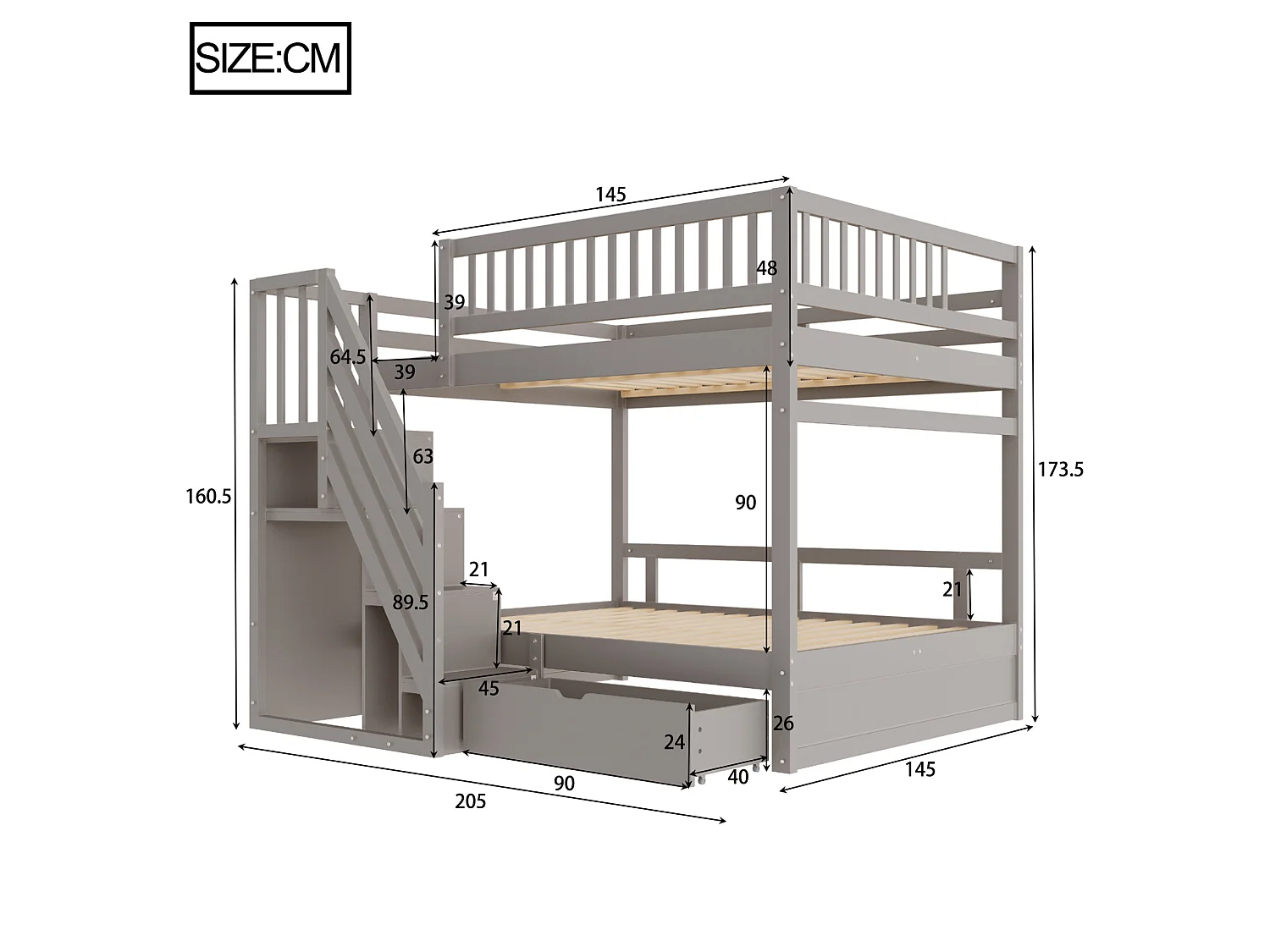 Lit superposé enfant 140x200 cm avec rangement et tiroir - Gris
