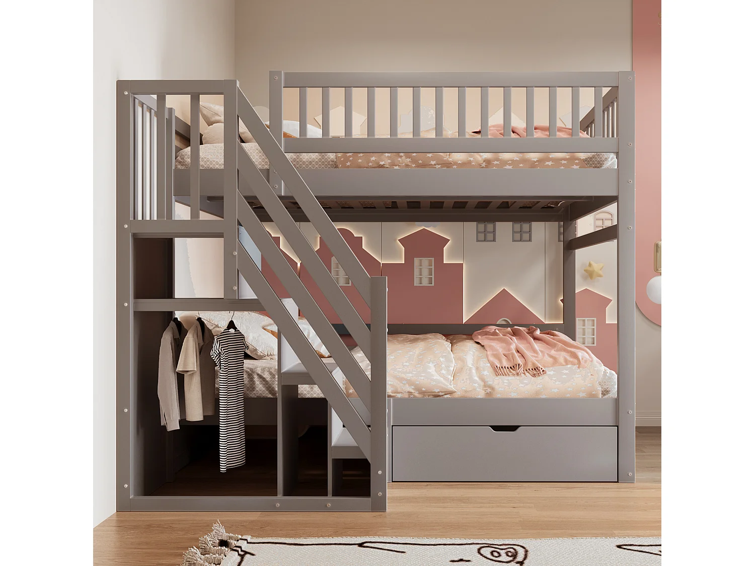Lit superposé enfant 140x200 cm avec rangement et tiroir - Gris