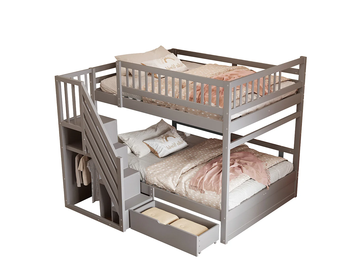Lit superposé enfant 140x200 cm avec rangement et tiroir - Gris