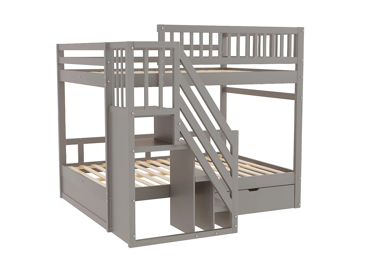 Lit superposé enfant 140x200 cm avec rangement et tiroir - Gris