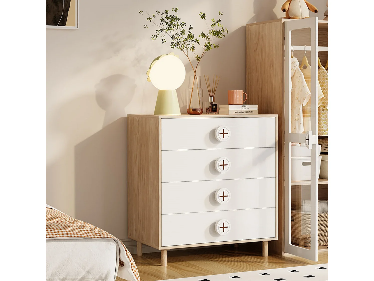 Commode 80x54x90 cm blanc et naturel avec 4 tiroirs