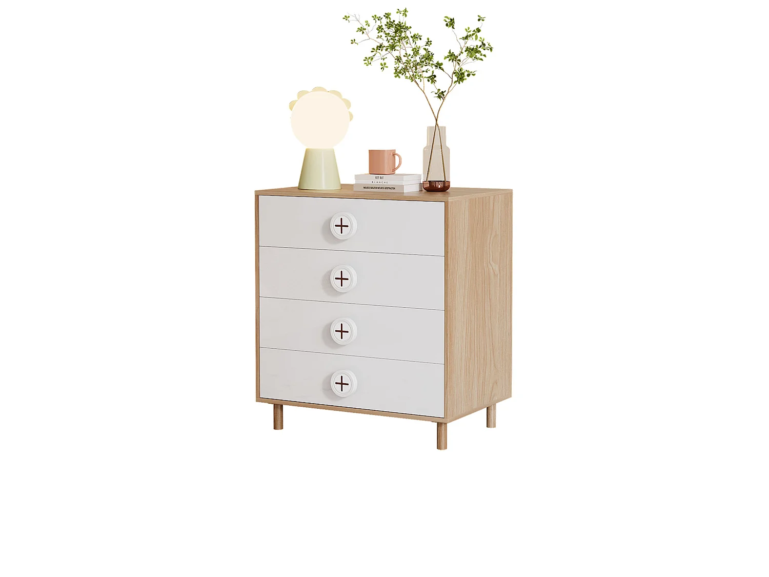Commode 80x54x90 cm blanc et naturel avec 4 tiroirs