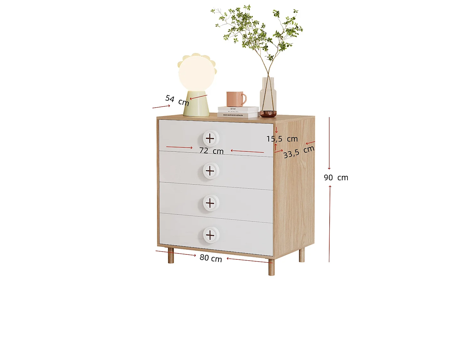 Commode 80x54x90 cm blanc et naturel avec 4 tiroirs