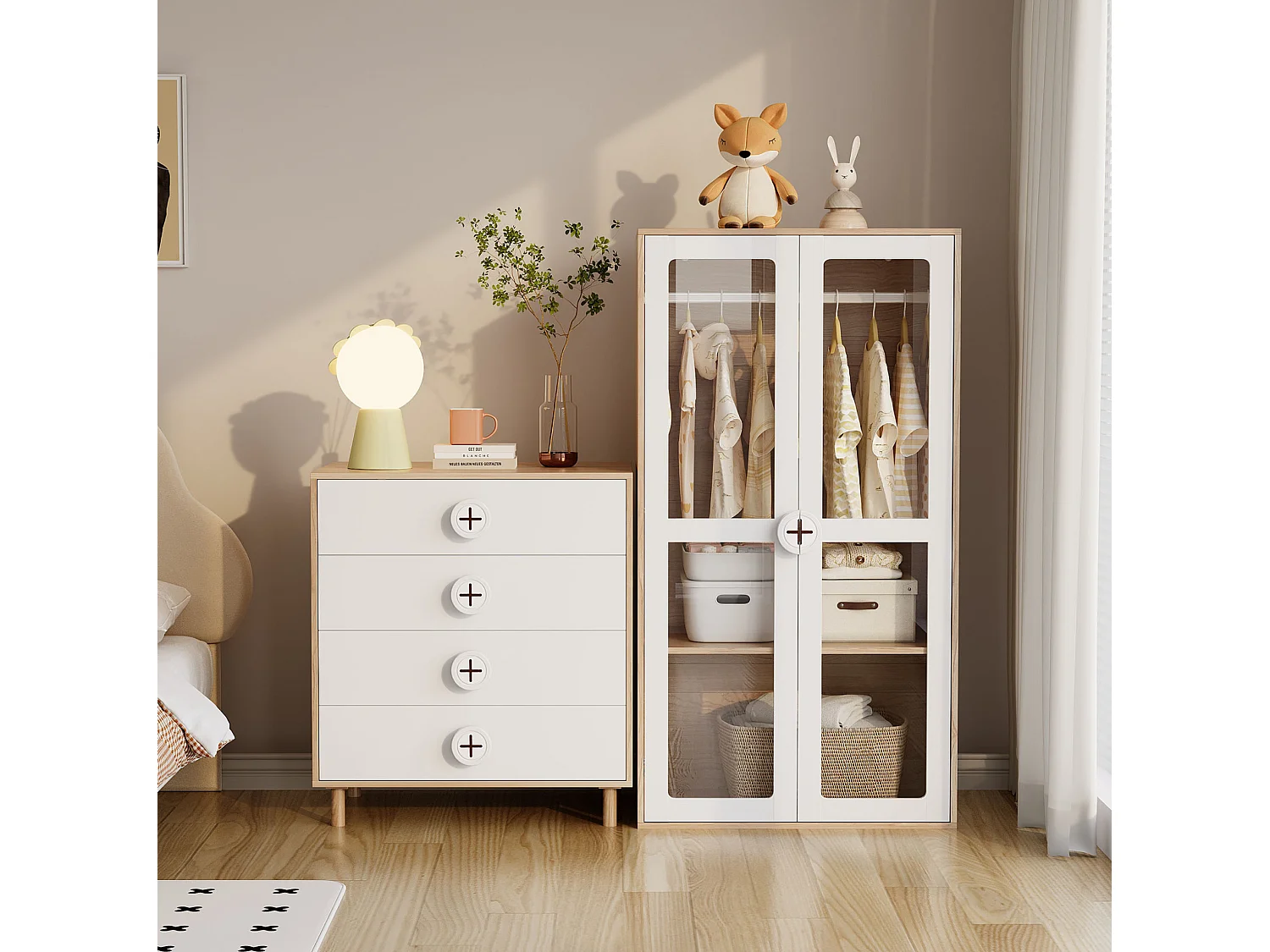 Commode 80x54x90 cm blanc et naturel avec 4 tiroirs