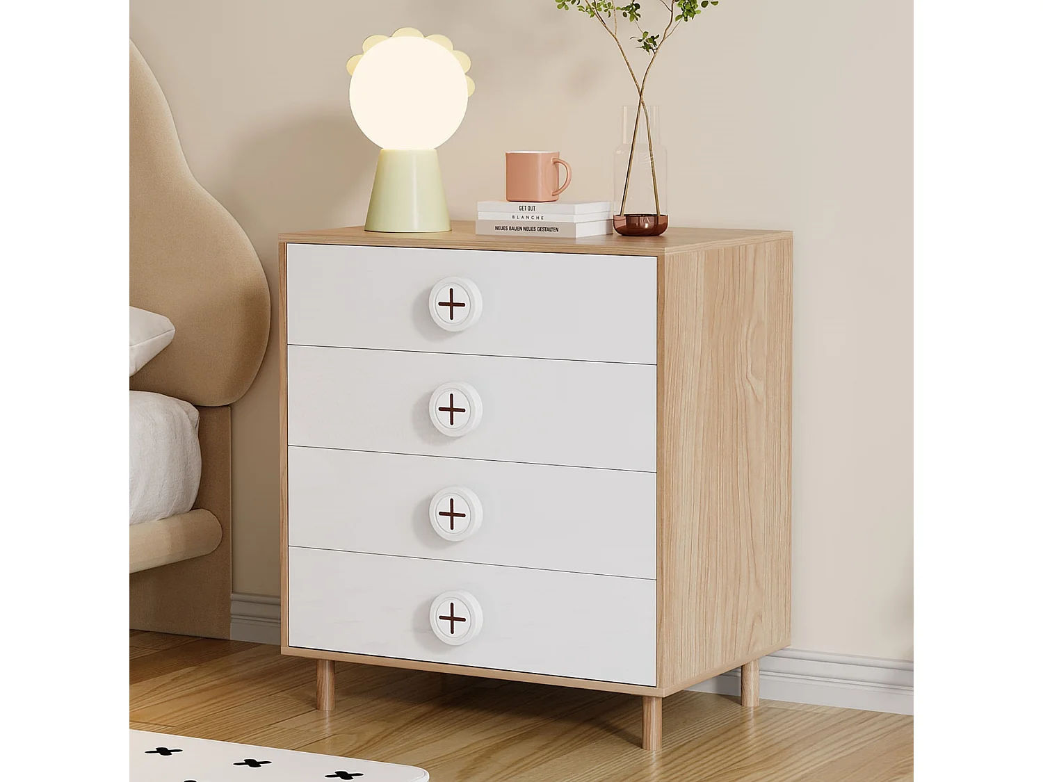 Commode 80x54x90 cm blanc et naturel avec 4 tiroirs