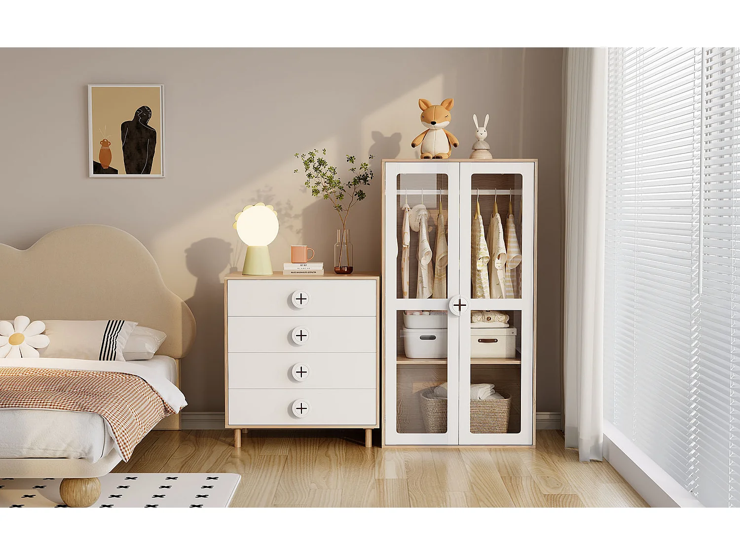 Commode 80x54x90 cm blanc et naturel avec 4 tiroirs