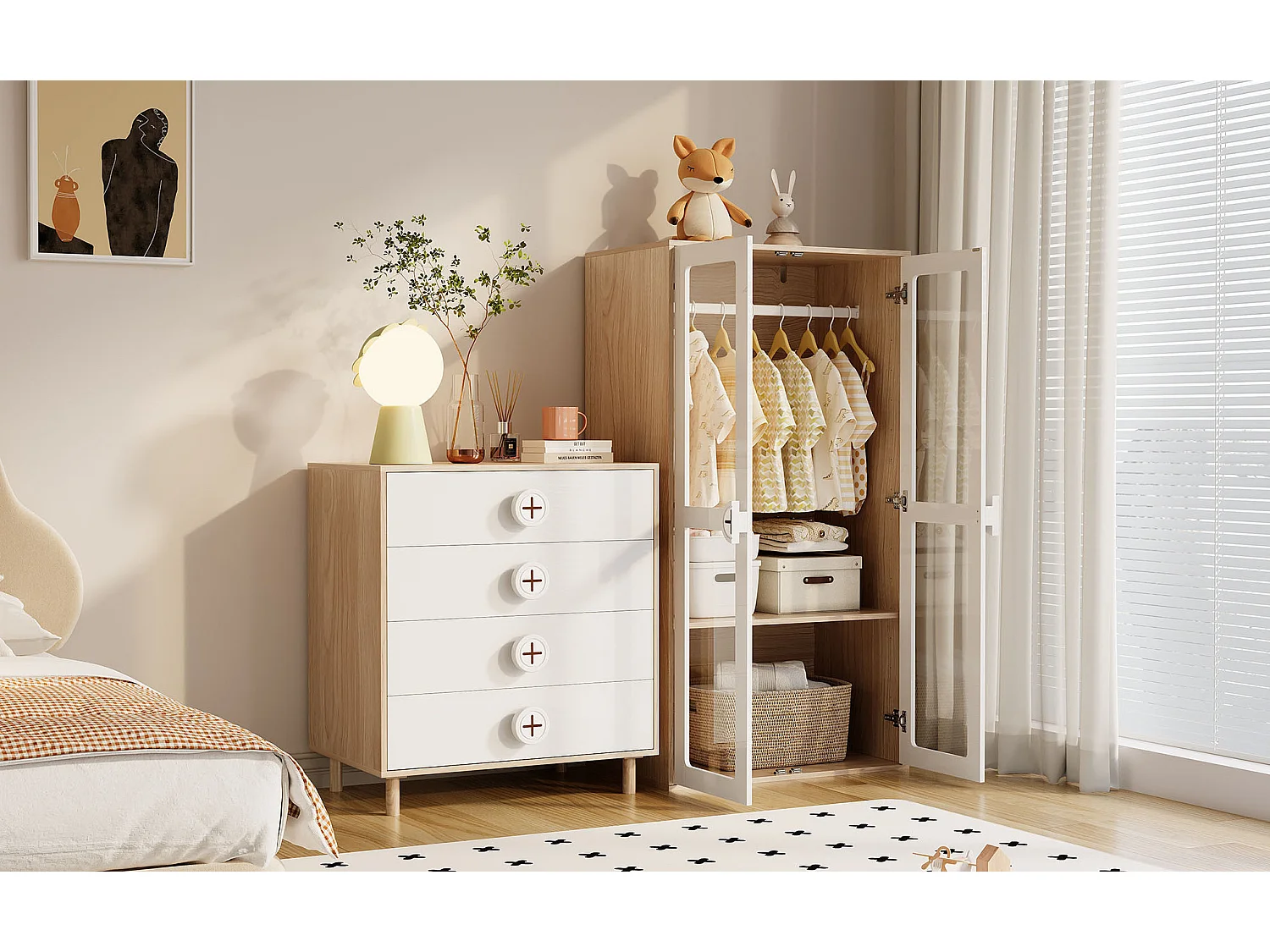 Commode 80x54x90 cm blanc et naturel avec 4 tiroirs