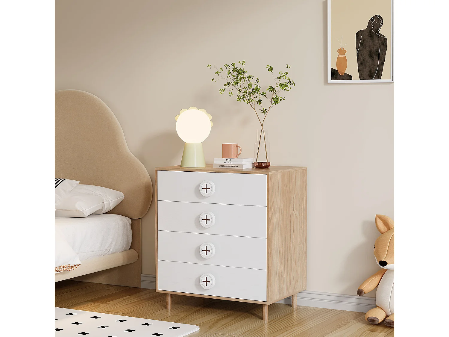 Commode 80x54x90 cm blanc et naturel avec 4 tiroirs