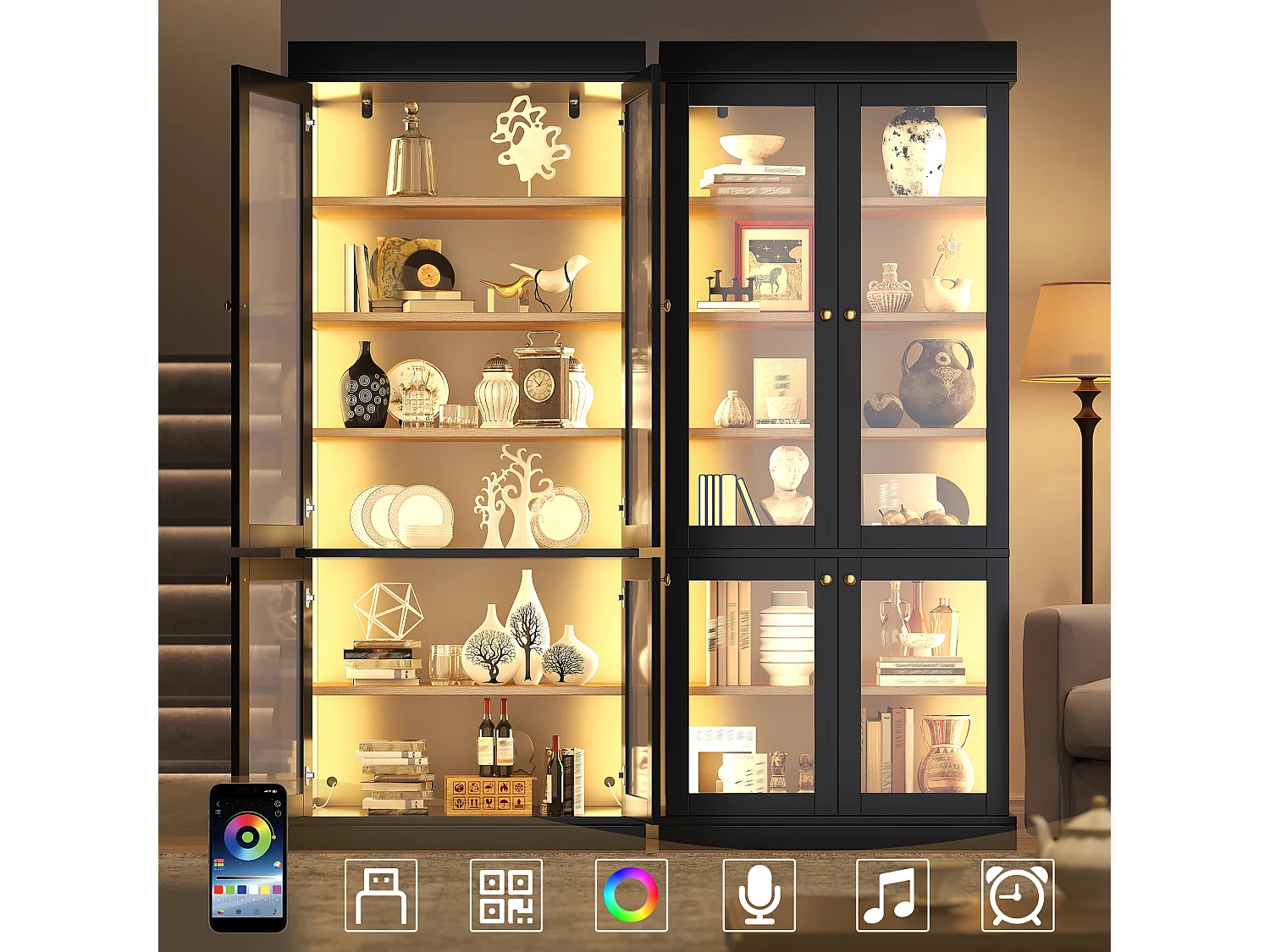 Zestaw 2 Kolumn Magazynowych 180cm - Witryny z Oświetleniem LED RGB, Regulowane Półki, Zabezpieczenie Przed Przechyleniem, Wzór Przemysłowy - Czarny