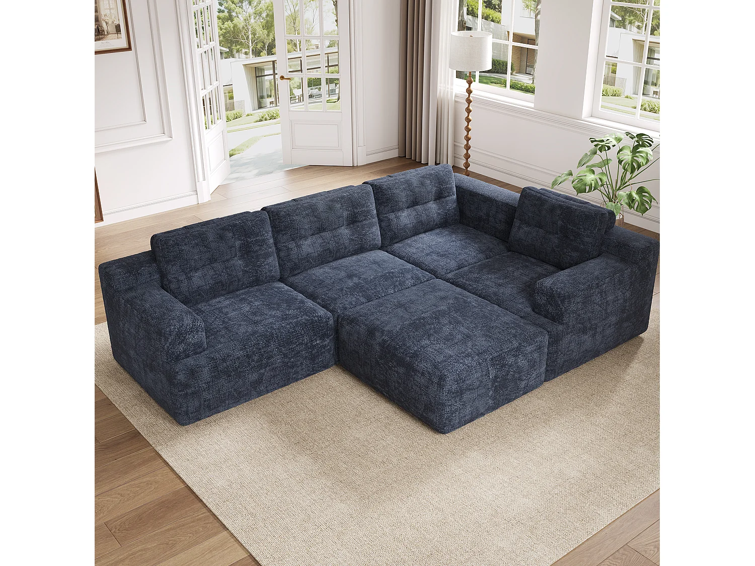 Modulaire 5-zits hoekbank in chenille met poef, geen montage nodig - Blauw