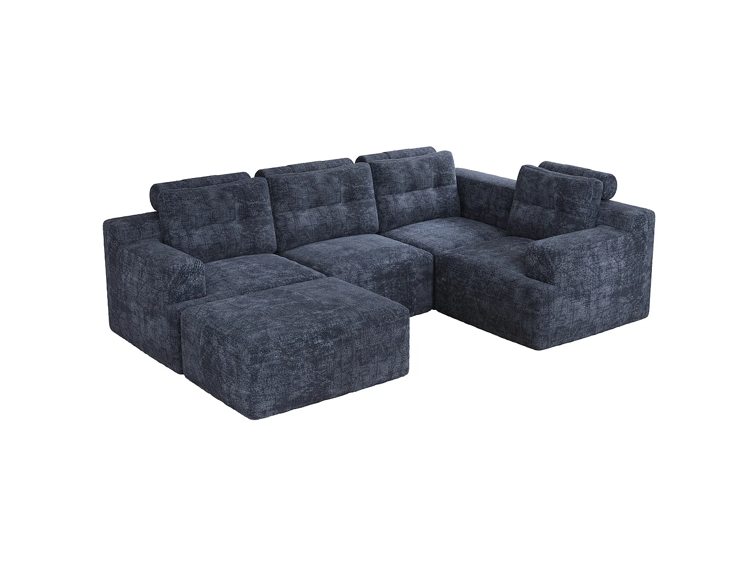 Modulaire 5-zits hoekbank in chenille met poef, geen montage nodig - Blauw