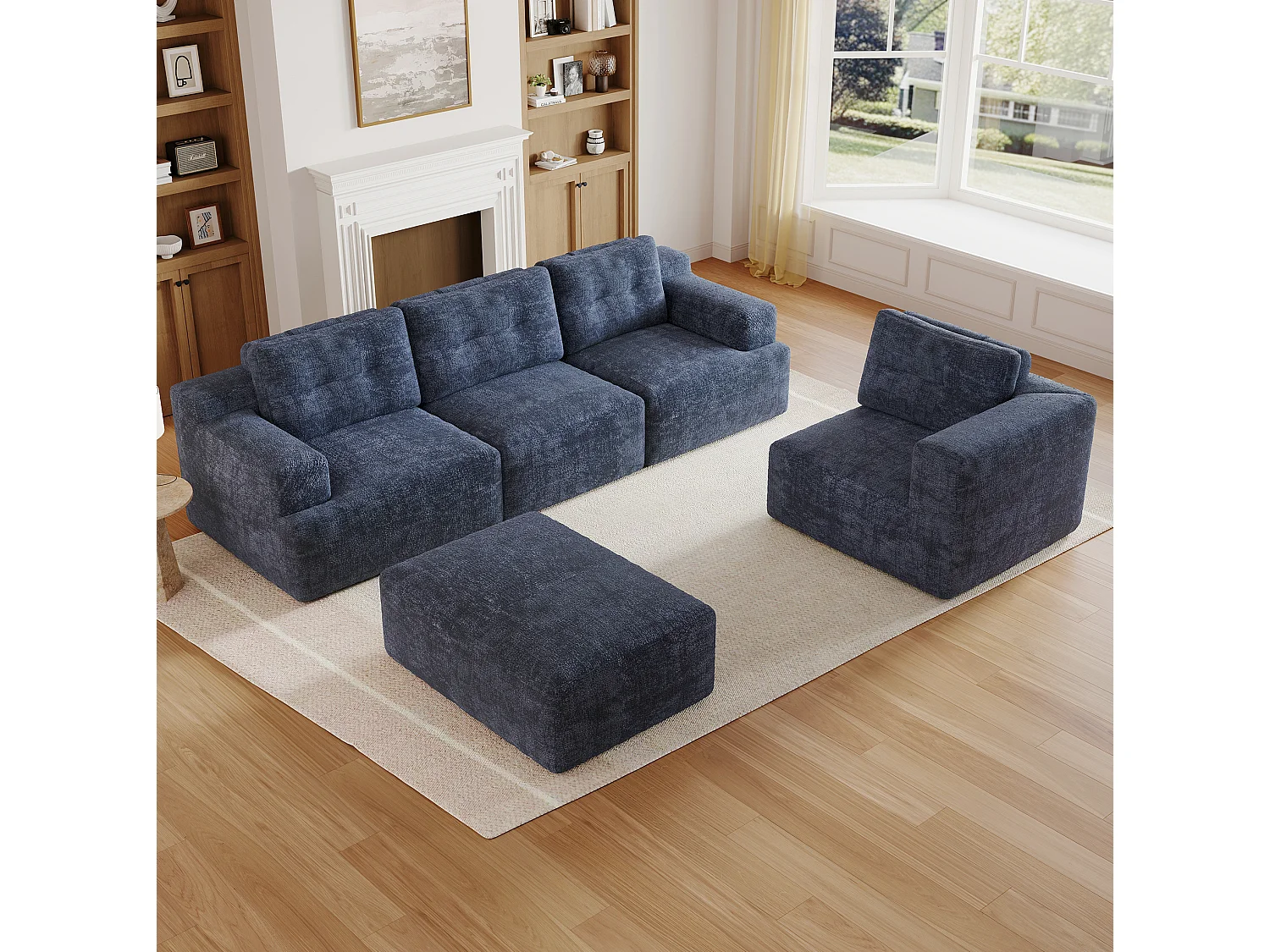 Modulaire 5-zits hoekbank in chenille met poef, geen montage nodig - Blauw