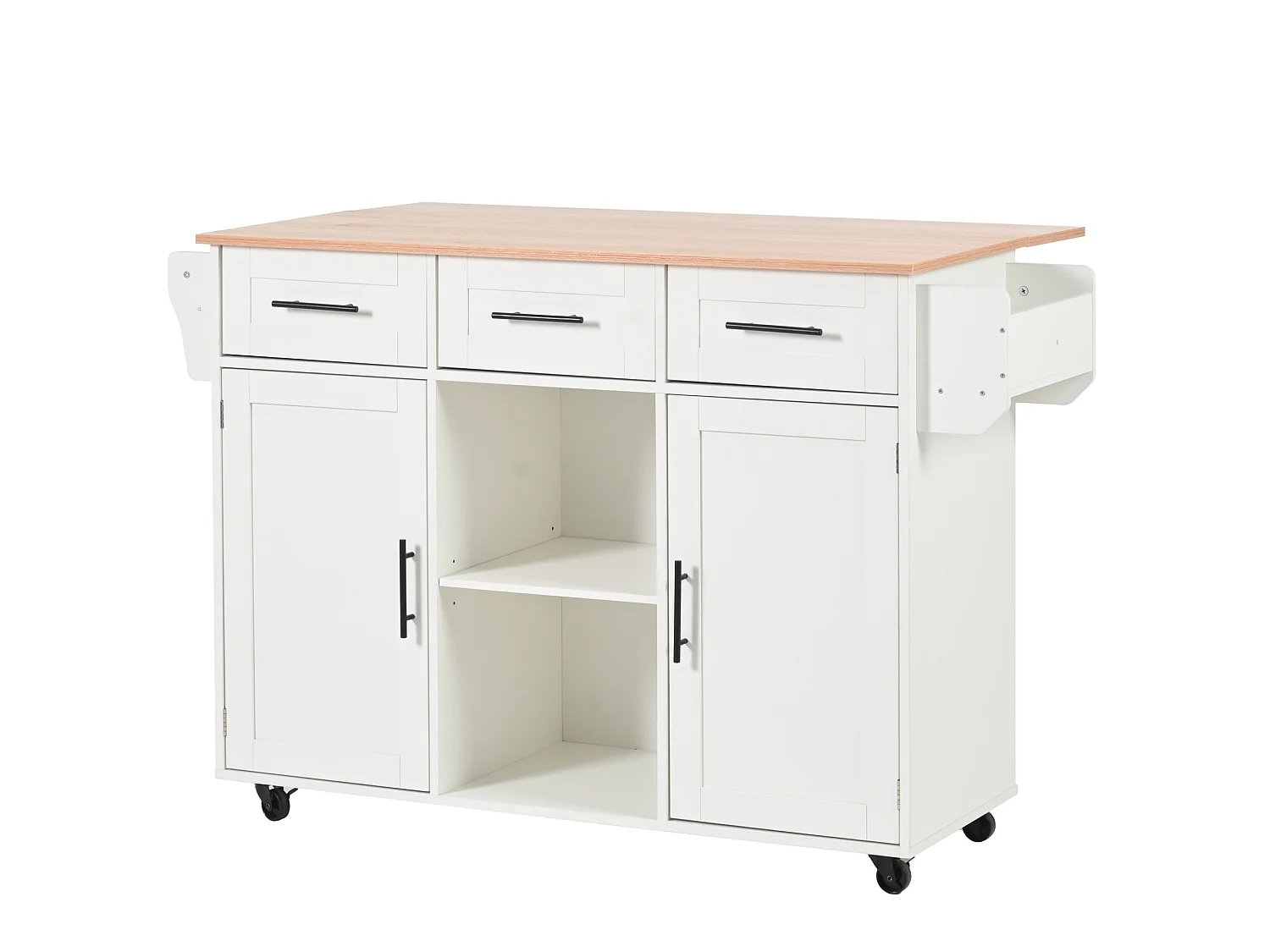 Îlot de cuisine 139 x 46(71) cm sur roulettes avec 2 portes et 3 tiroirs - Blanc