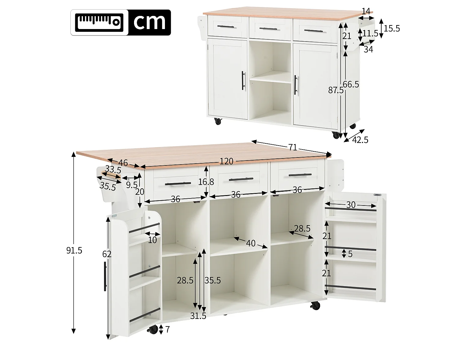 Îlot de cuisine 139 x 46(71) cm sur roulettes avec 2 portes et 3 tiroirs - Blanc