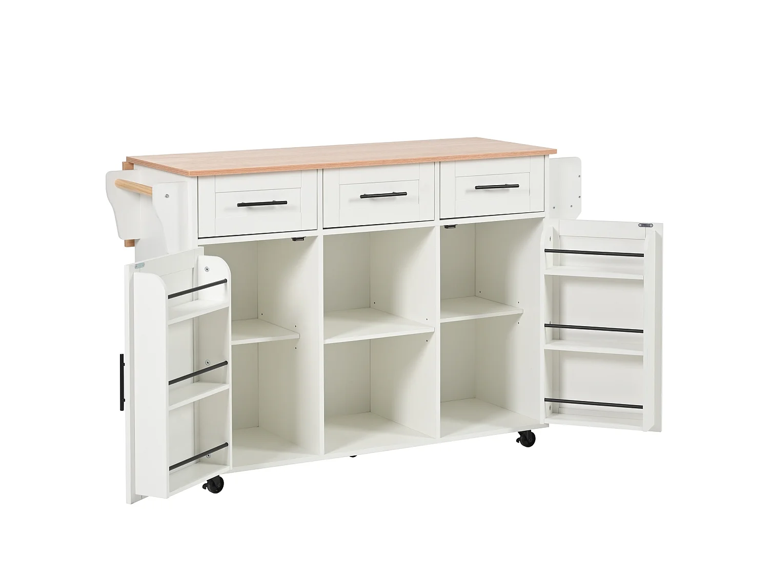 Îlot de cuisine 139 x 46(71) cm sur roulettes avec 2 portes et 3 tiroirs - Blanc