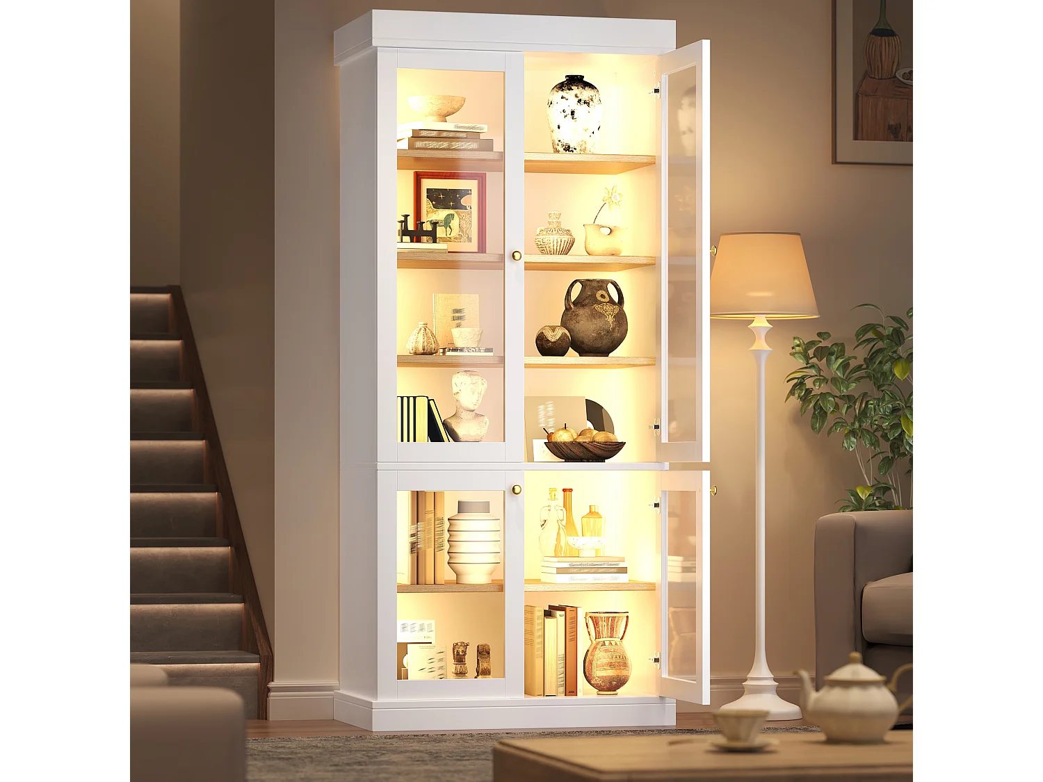 Vitrine haute 80x40x180 cm avec LED et 4 portes verre - Blanc