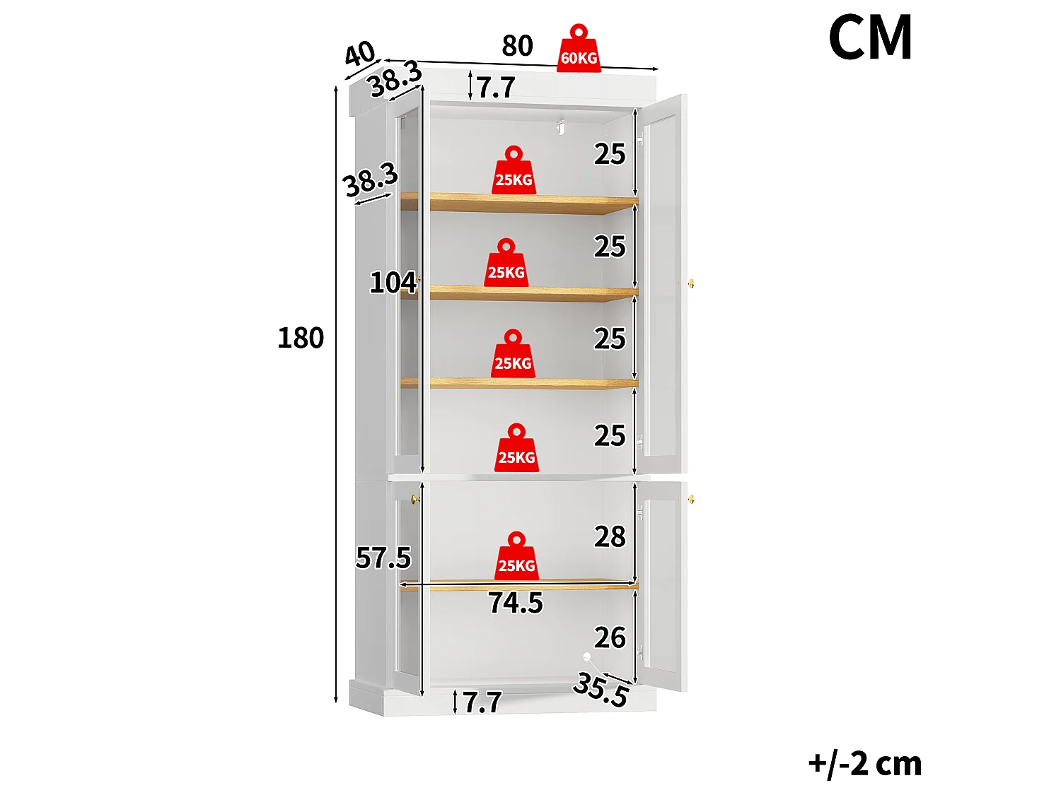 Vitrine haute 80x40x180 cm avec LED et 4 portes verre - Blanc