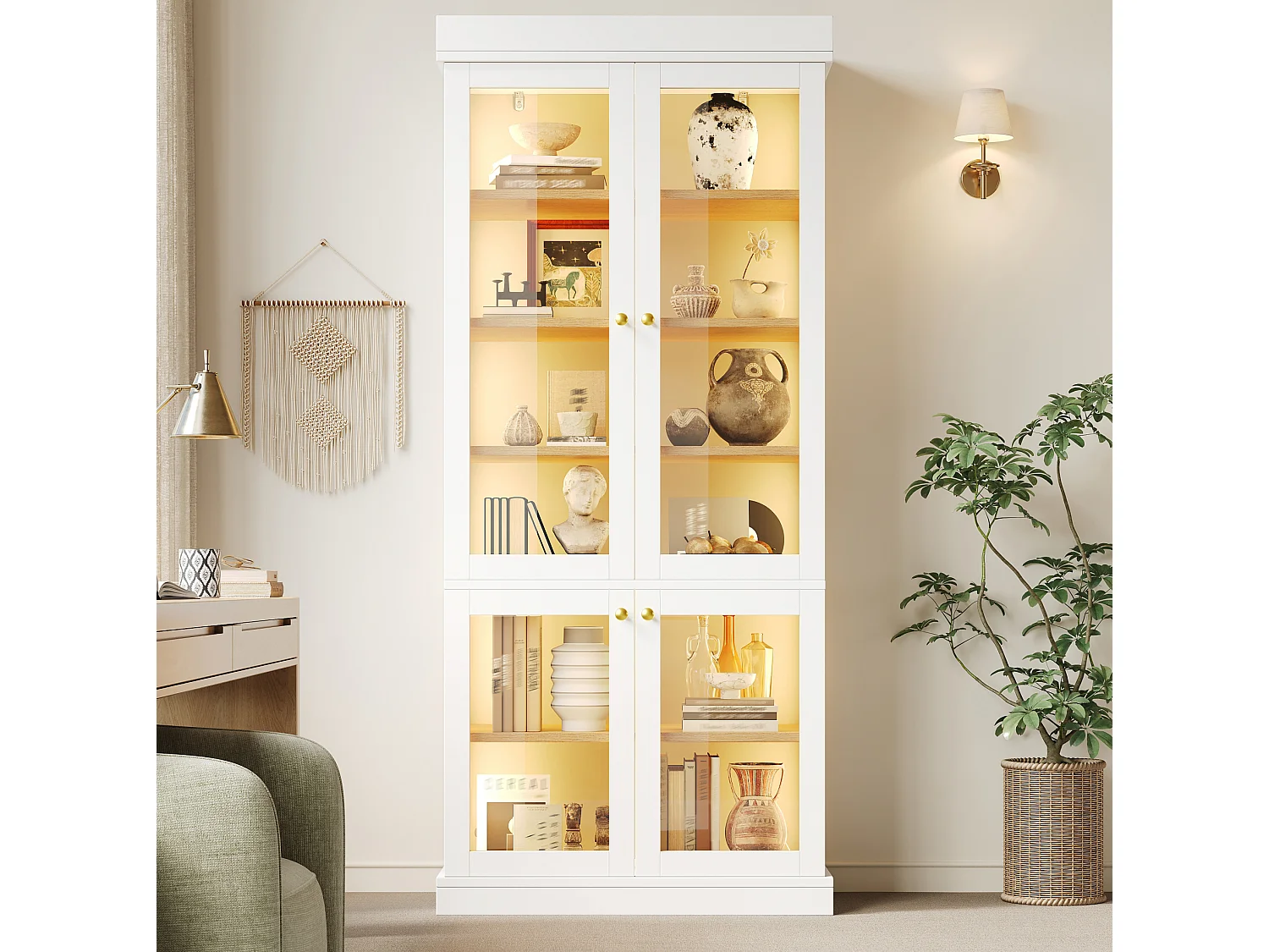 Vitrine haute 80x40x180 cm avec LED et 4 portes verre - Blanc