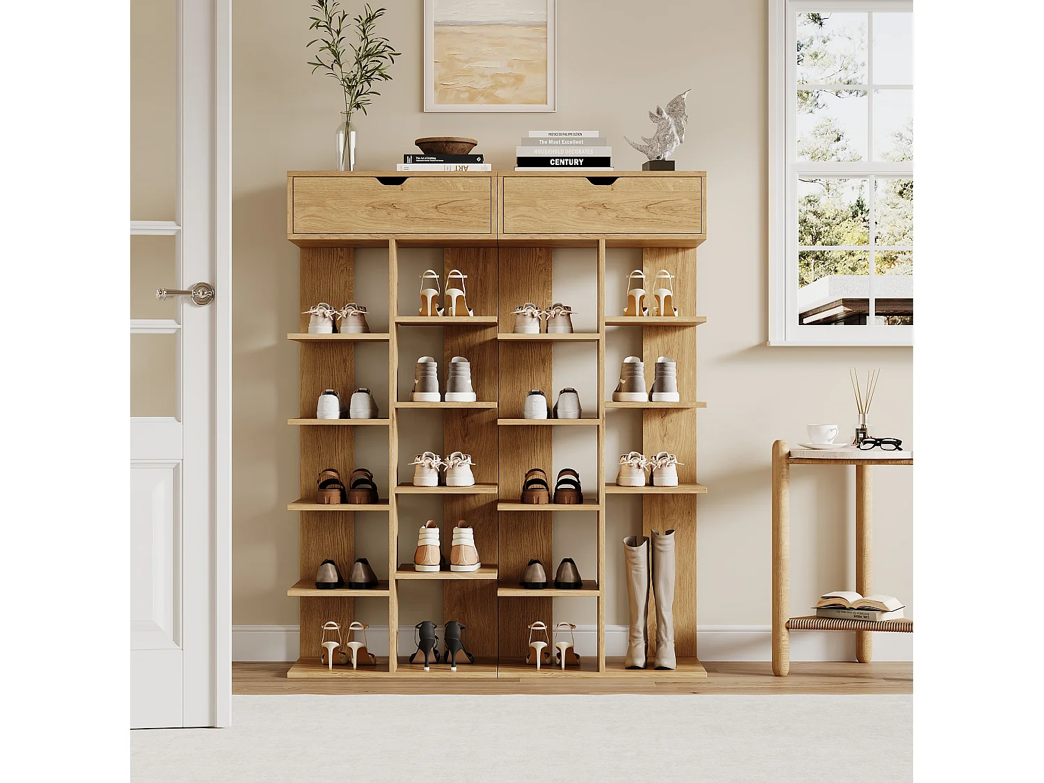 Modern open shoe rack 55x33x133cm - with 1 drawer and 10 storage compartments - Natural