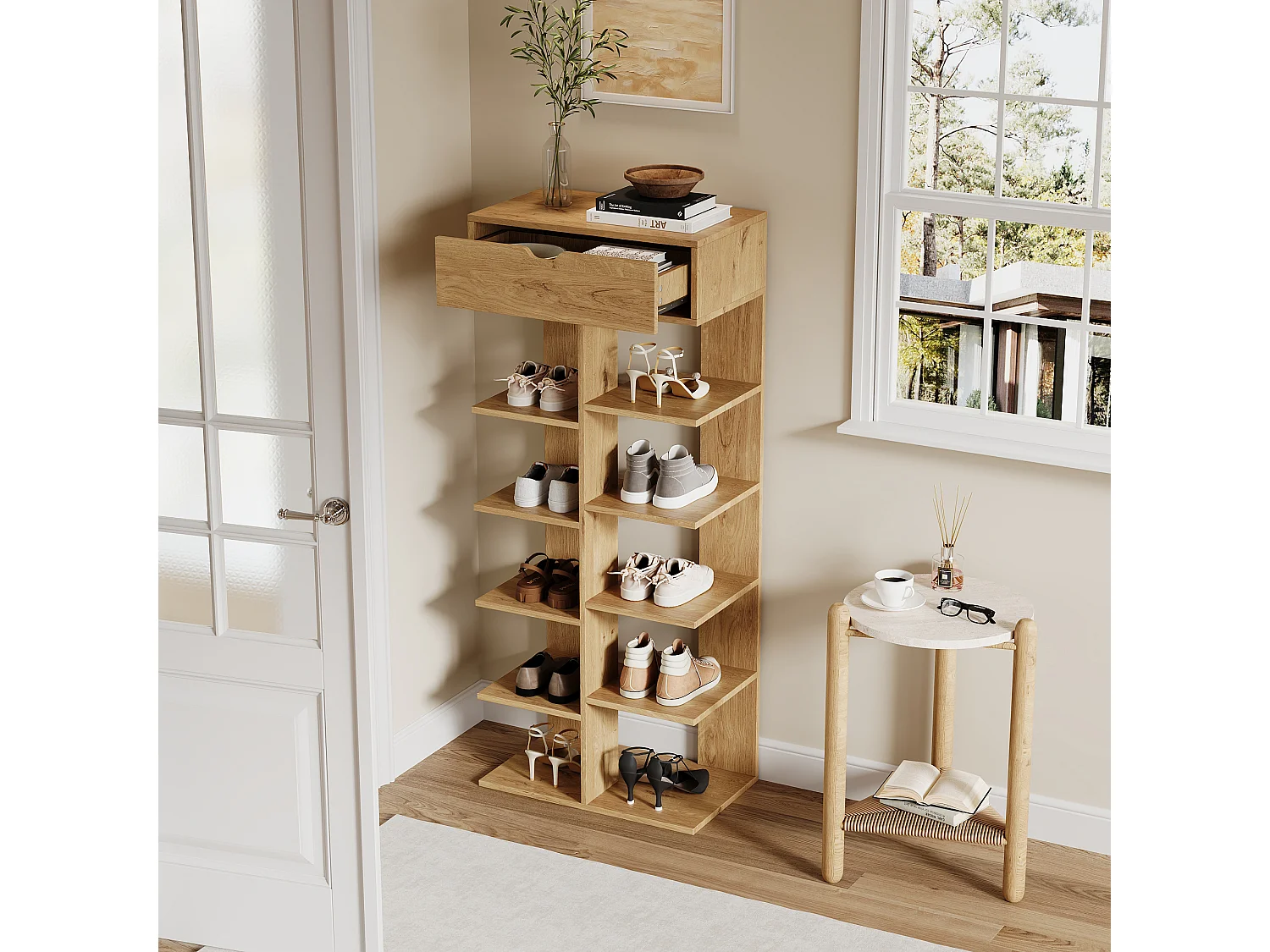 Modern open shoe rack 55x33x133cm - with 1 drawer and 10 storage compartments - Natural
