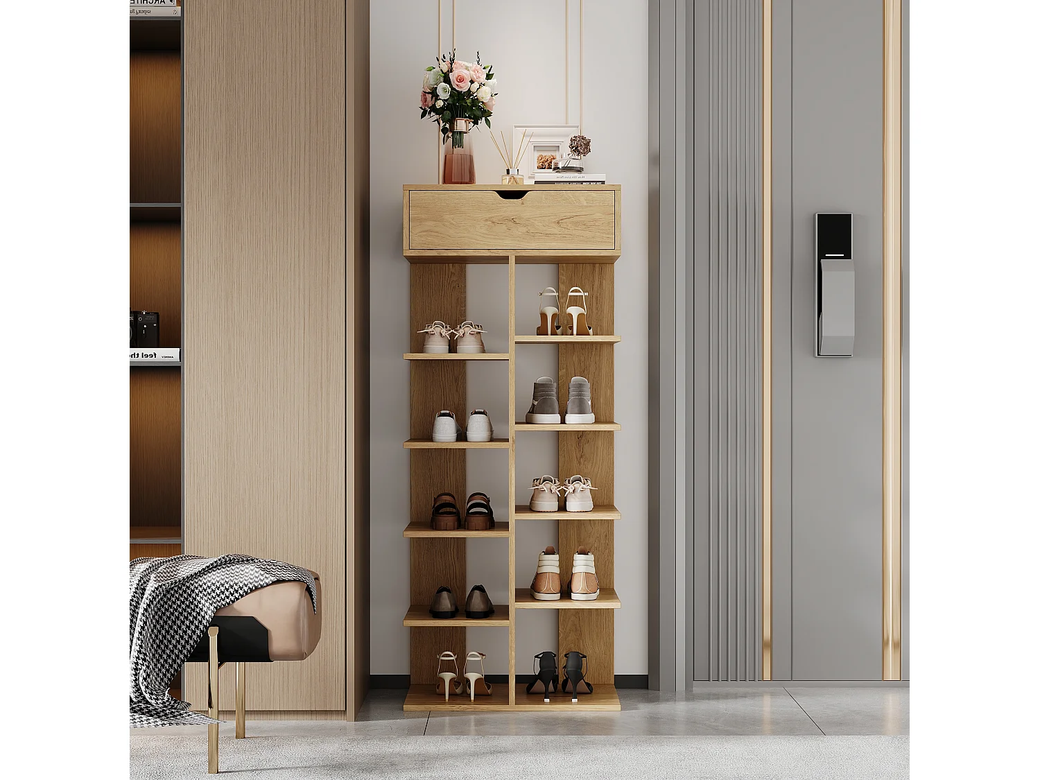 Modern open shoe rack 55x33x133cm - with 1 drawer and 10 storage compartments - Natural