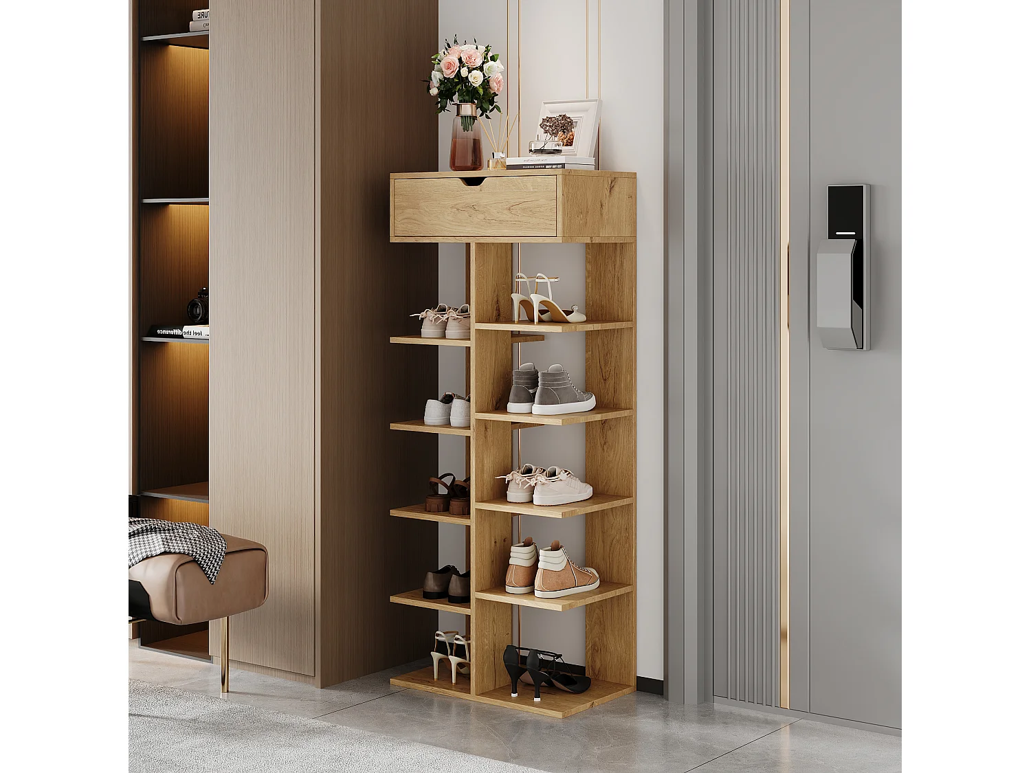 Modern open shoe rack 55x33x133cm - with 1 drawer and 10 storage compartments - Natural