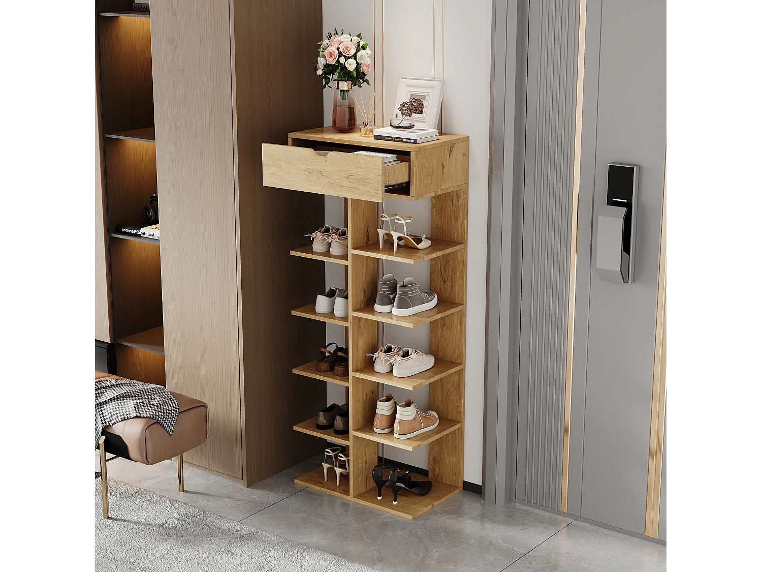 Modern open shoe rack 55x33x133cm - with 1 drawer and 10 storage compartments - Natural