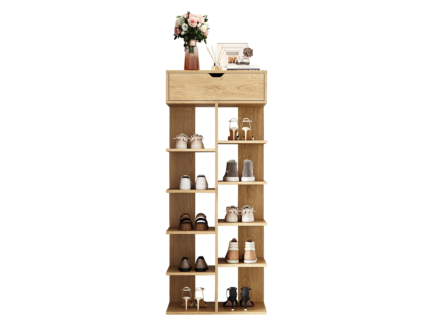 Modern open shoe rack 55x33x133cm - with 1 drawer and 10 storage compartments - Natural