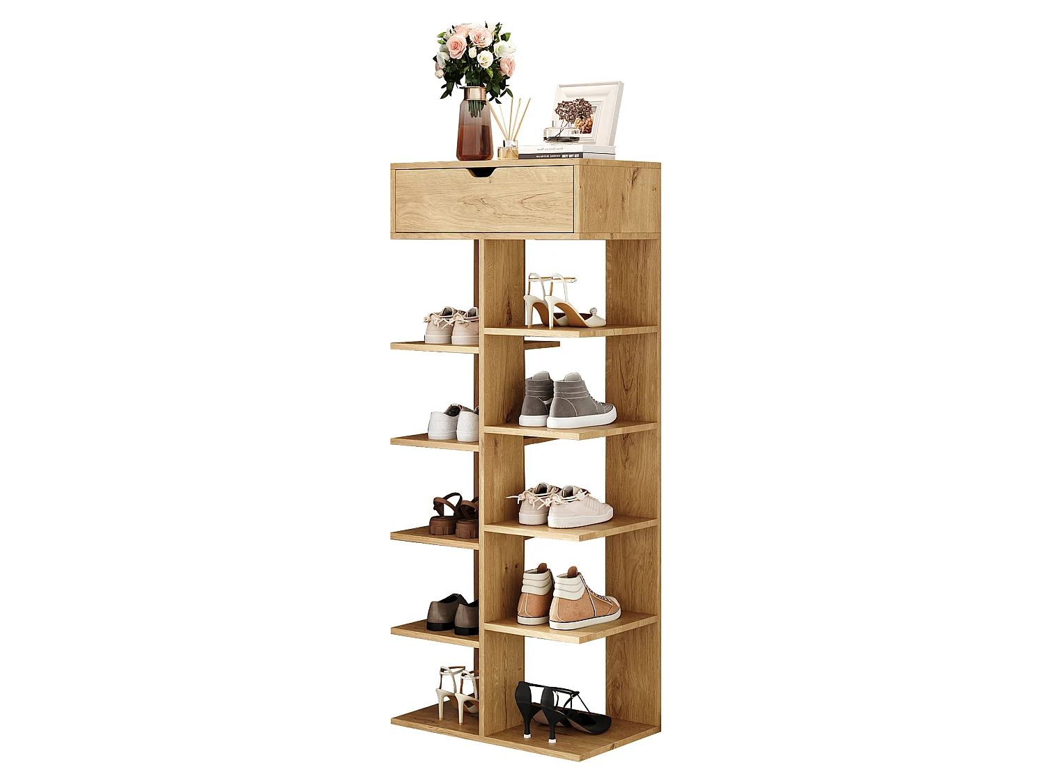 Modern open shoe rack 55x33x133cm - with 1 drawer and 10 storage compartments - Natural