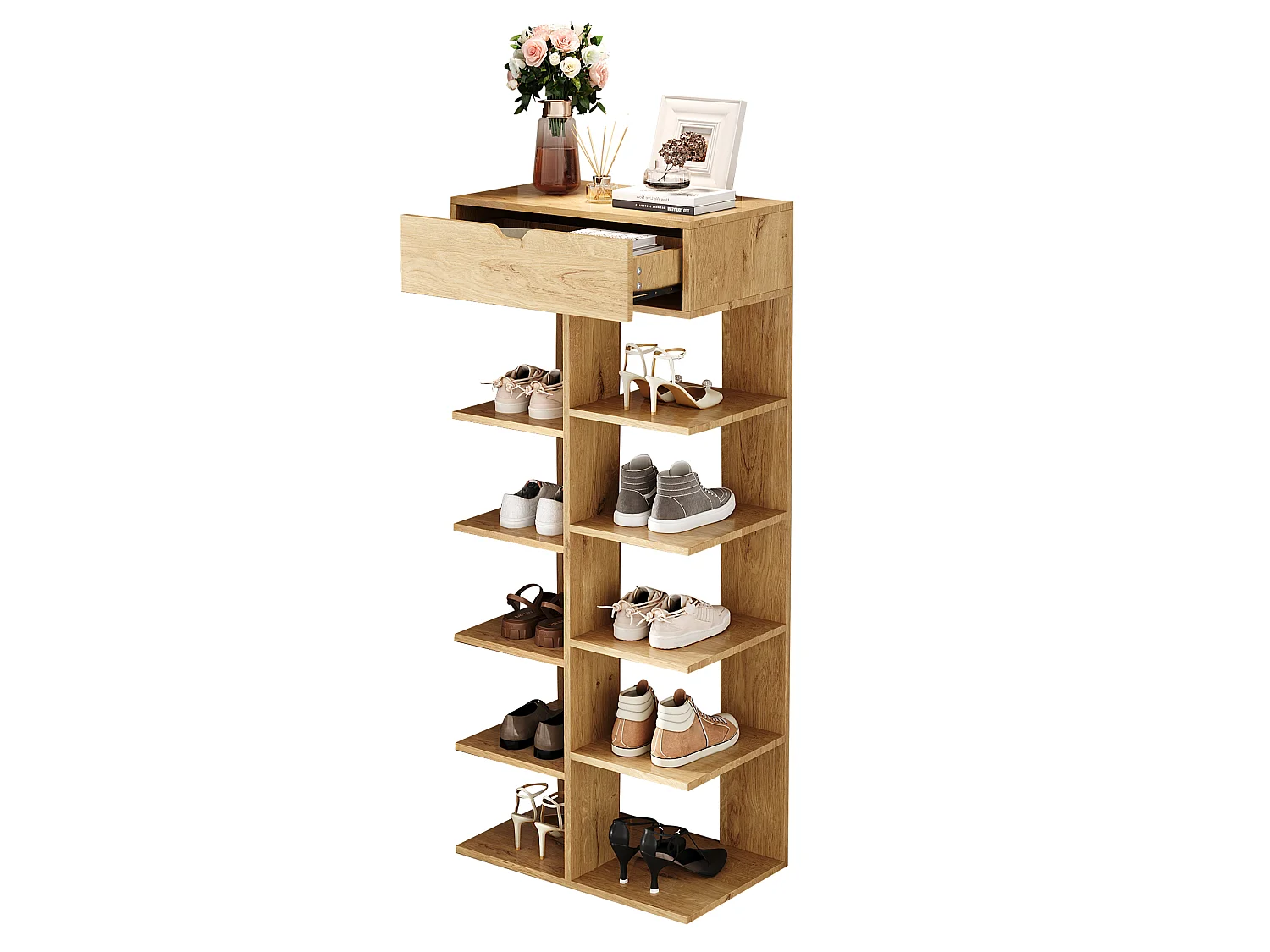 Modern open shoe rack 55x33x133cm - with 1 drawer and 10 storage compartments - Natural