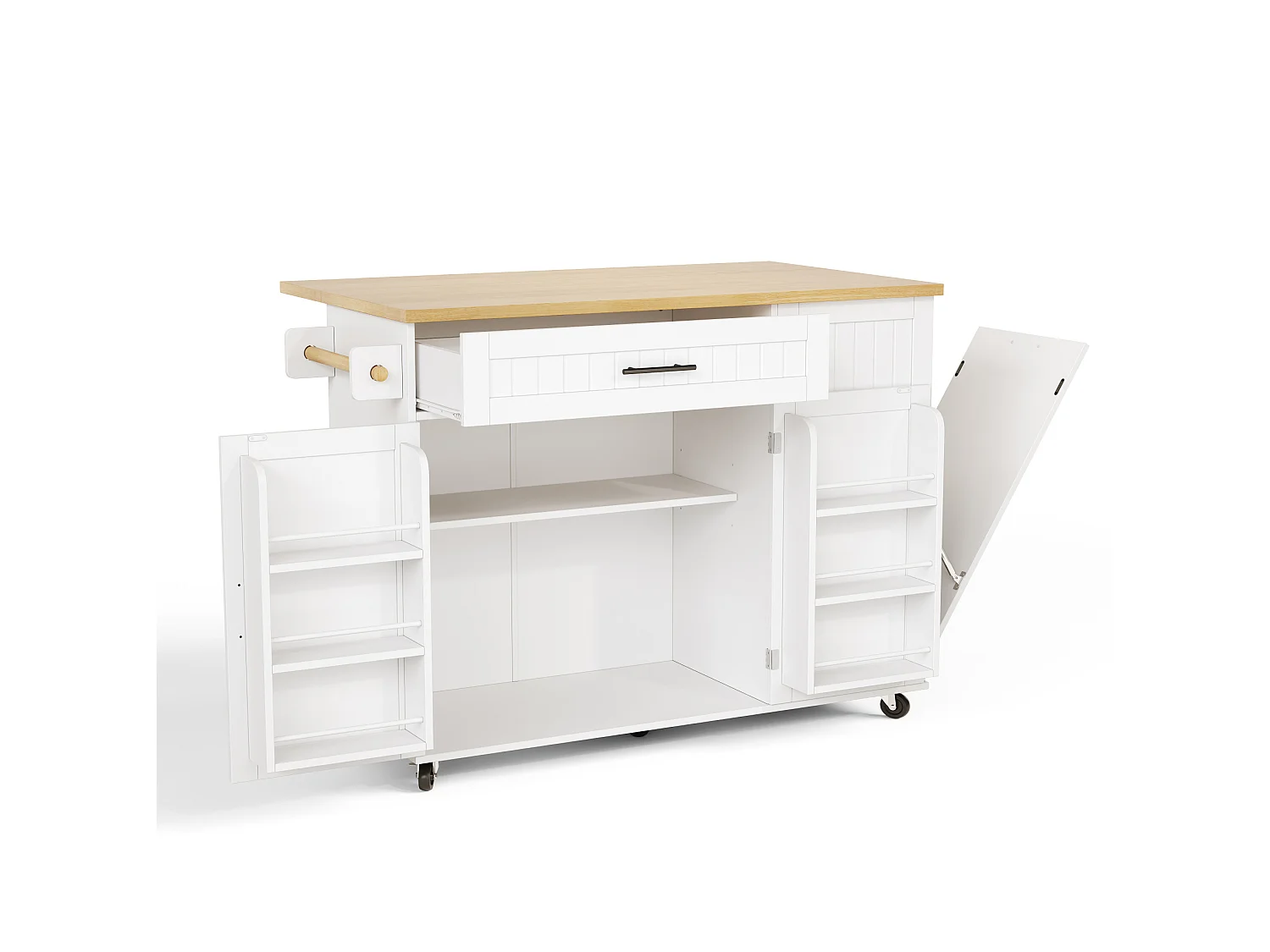 Îlot de cuisine à roulettes avec 2 portes, tiroir et étagères - Blanc
