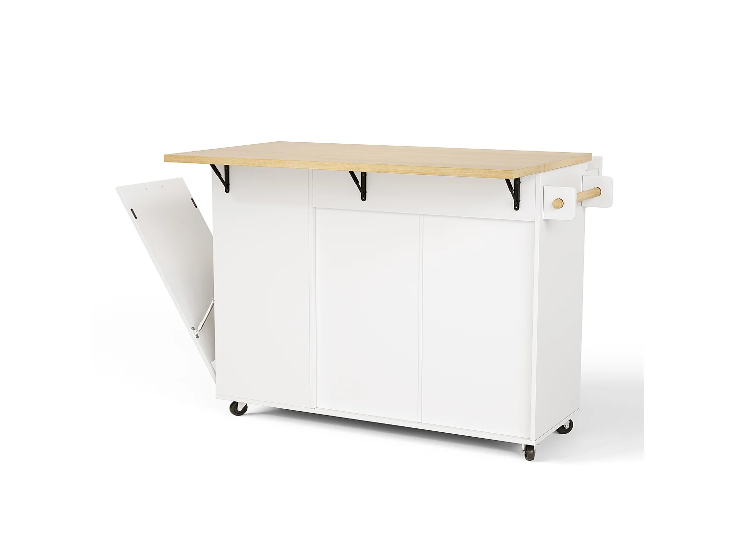 Îlot de cuisine à roulettes avec 2 portes, tiroir et étagères - Blanc
