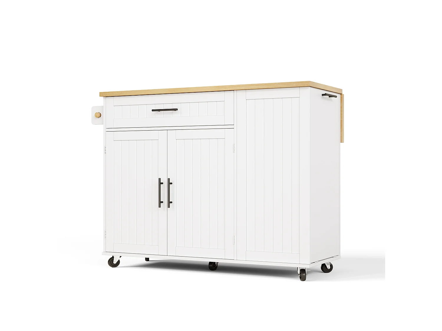 Îlot de cuisine à roulettes avec 2 portes, tiroir et étagères - Blanc