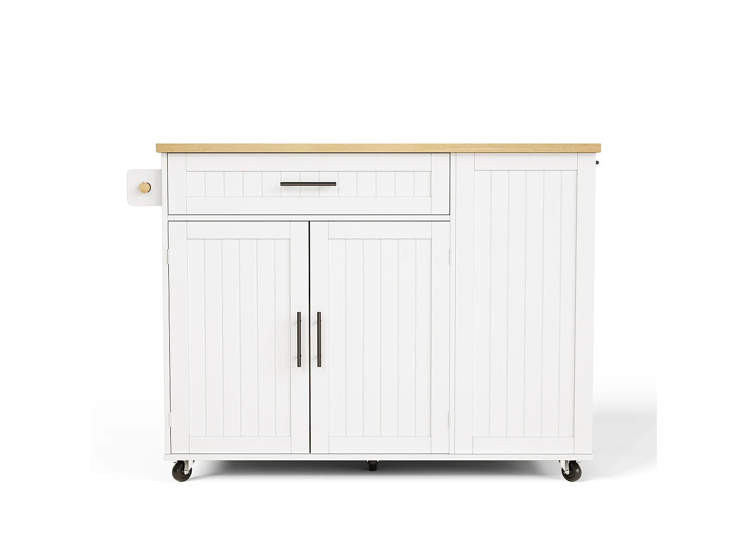 Îlot de cuisine à roulettes avec 2 portes, tiroir et étagères - Blanc