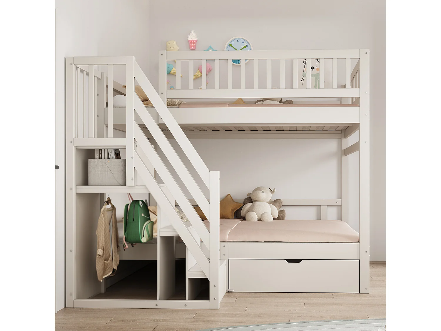Lit superposé enfant 140x200 cm avec rangement et tiroir - Blanc