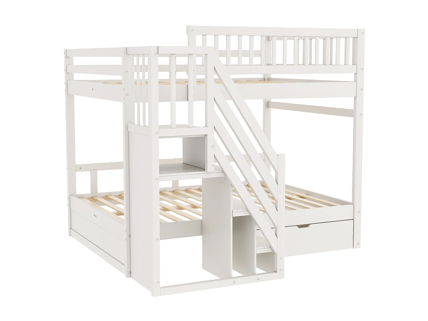 Lit superposé enfant 140x200 cm avec rangement et tiroir - Blanc