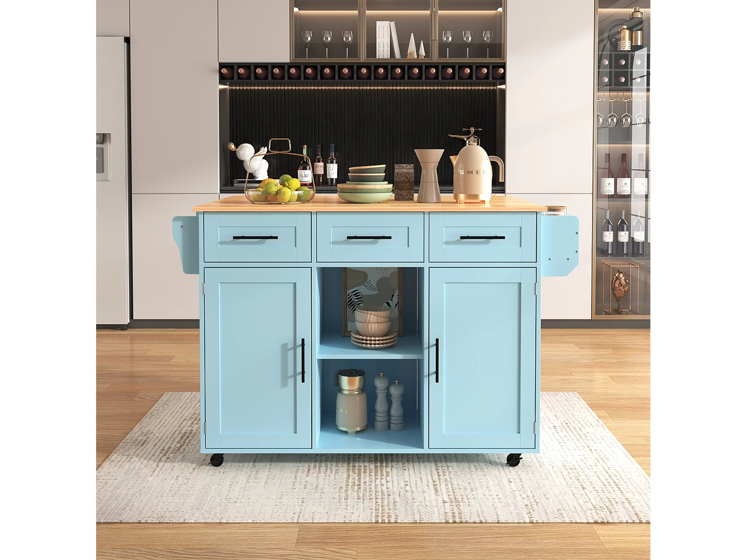Îlot de cuisine 139 x 46(71) cm sur roulettes avec 2 portes et 3 tiroirs - Bleu