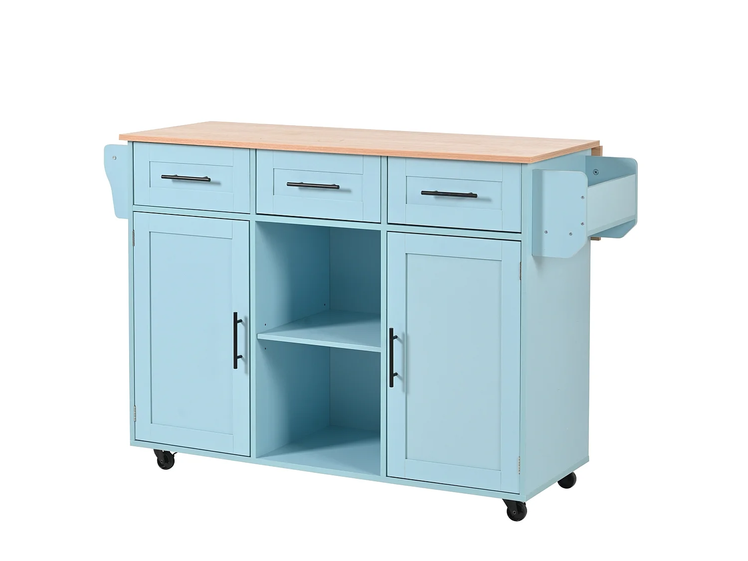 Îlot de cuisine 139 x 46(71) cm sur roulettes avec 2 portes et 3 tiroirs - Bleu