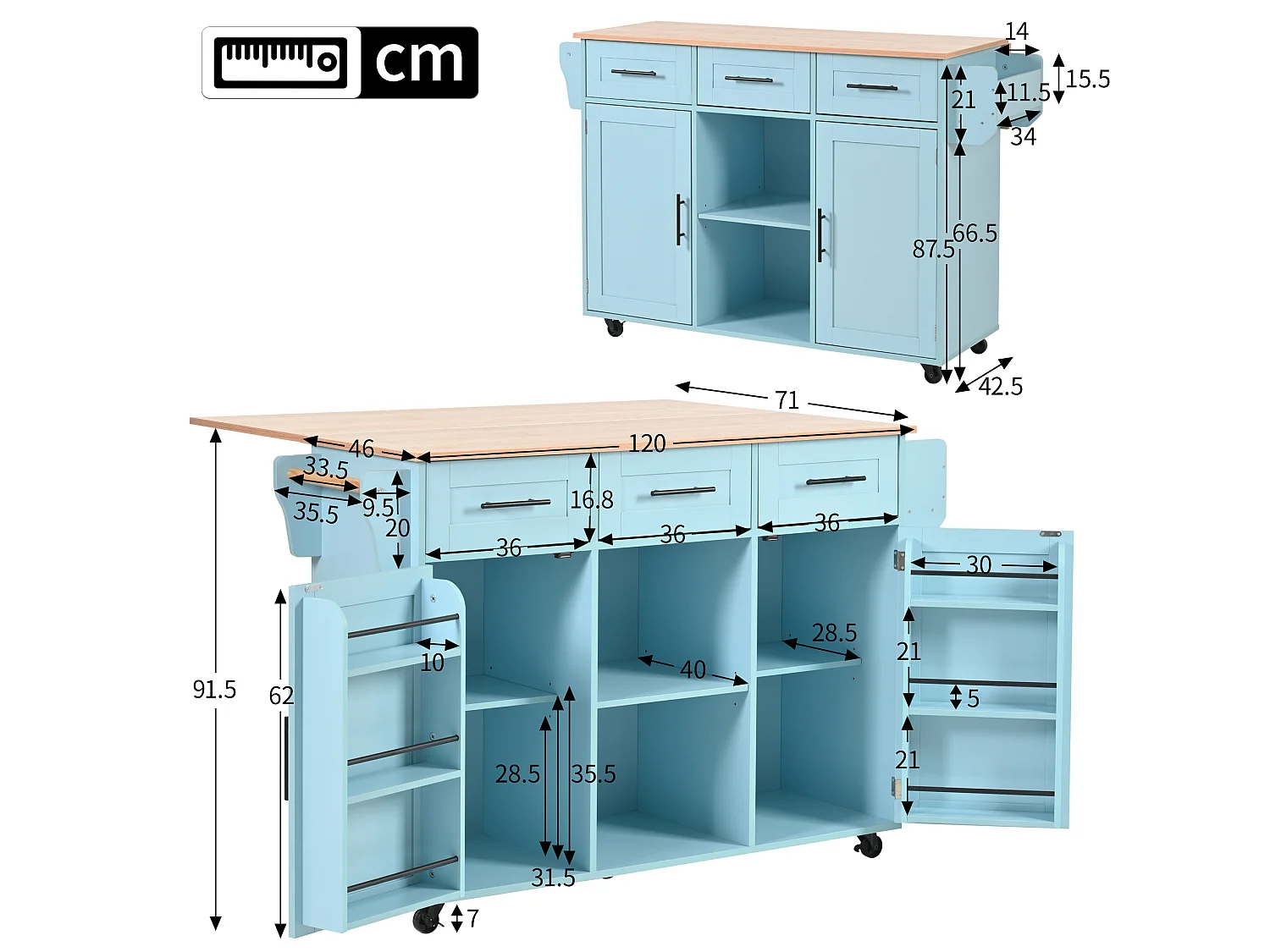 Îlot de cuisine 139 x 46(71) cm sur roulettes avec 2 portes et 3 tiroirs - Bleu
