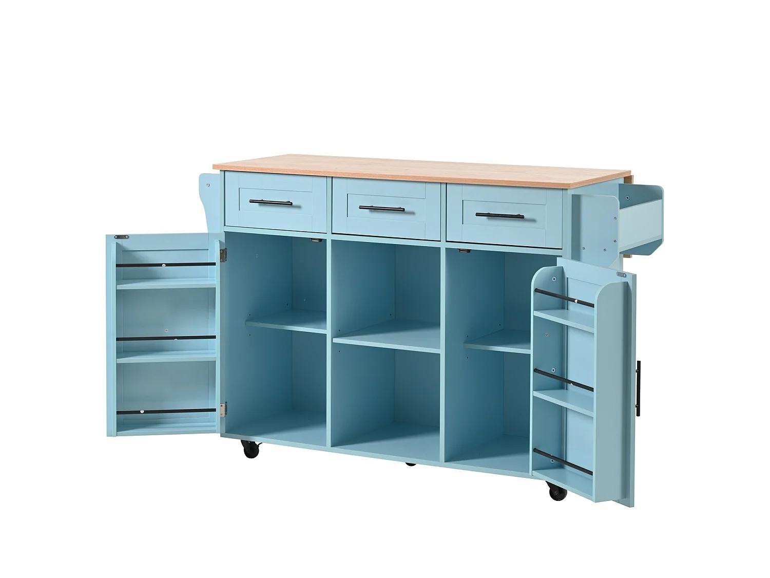 Îlot de cuisine 139 x 46(71) cm sur roulettes avec 2 portes et 3 tiroirs - Bleu