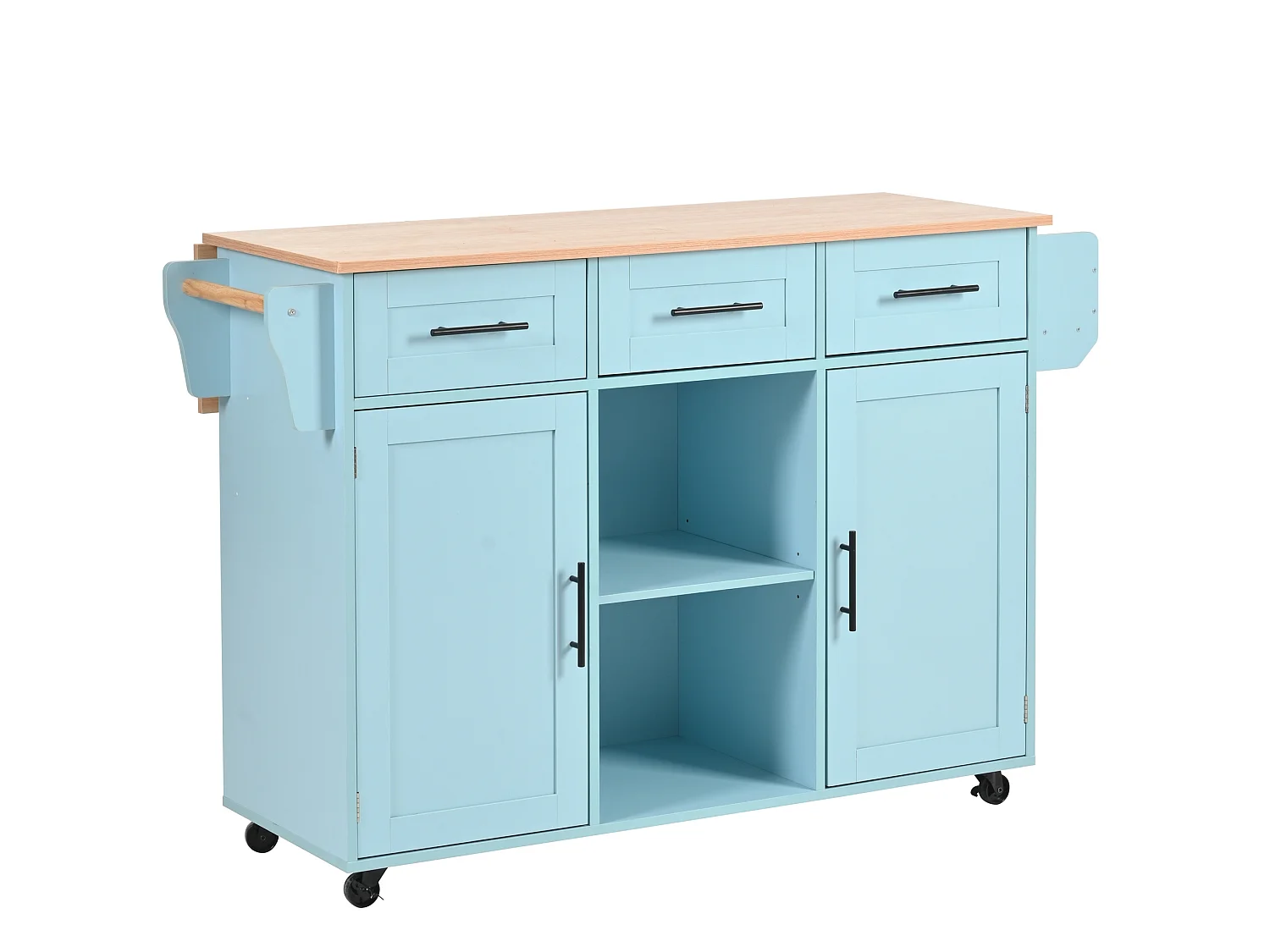 Îlot de cuisine 139 x 46(71) cm sur roulettes avec 2 portes et 3 tiroirs - Bleu