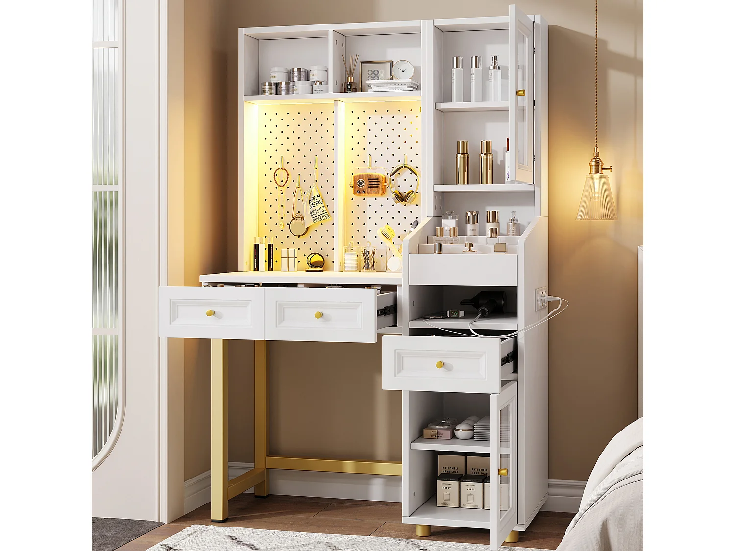 Witte en gouden LED-kaptafel met open planken, 3 lades en 2 deuren