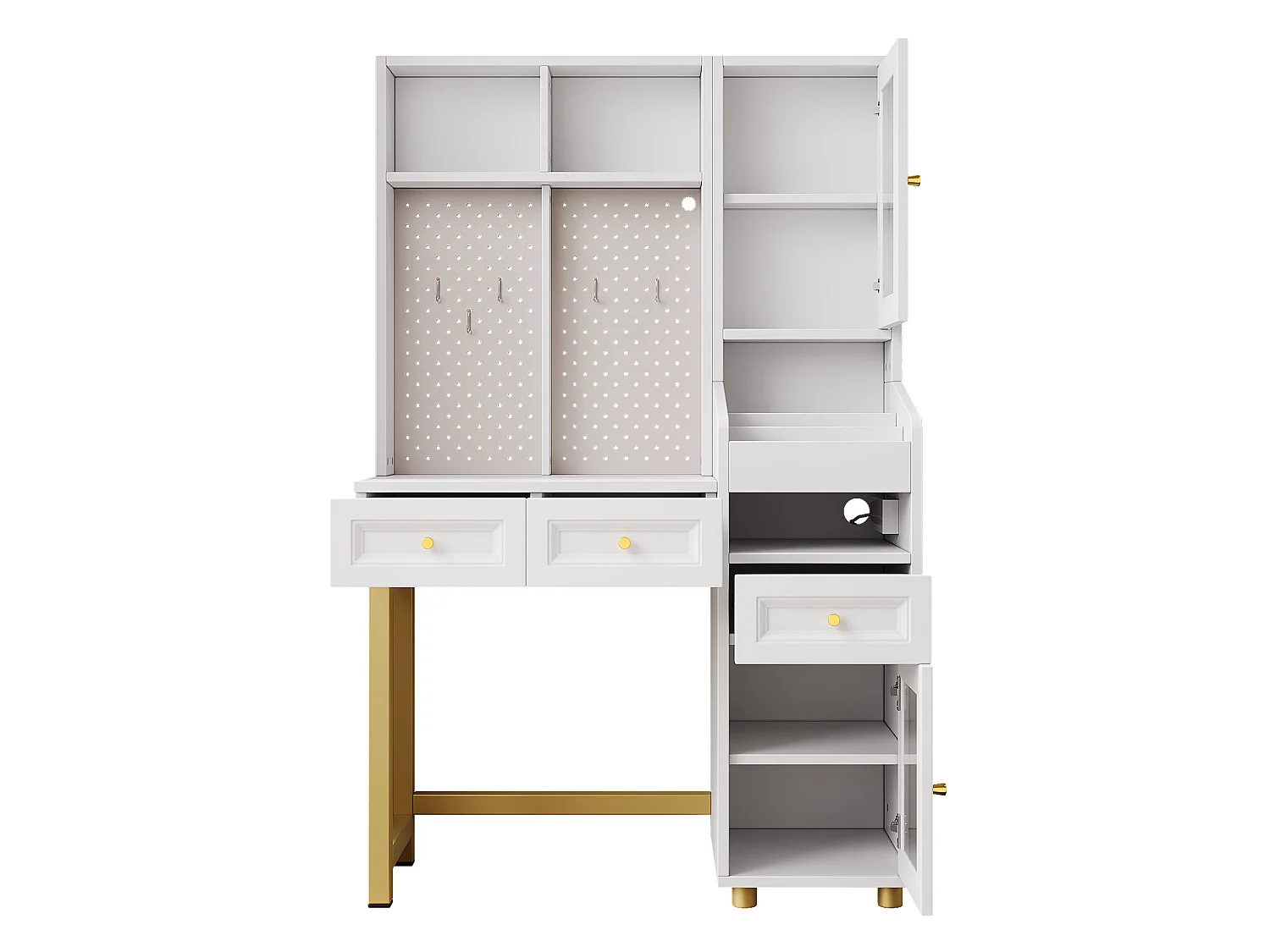 Witte en gouden LED-kaptafel met open planken, 3 lades en 2 deuren