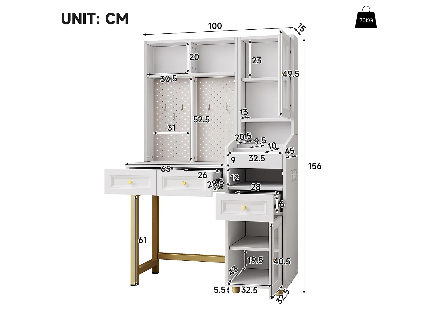 Witte en gouden LED-kaptafel met open planken, 3 lades en 2 deuren