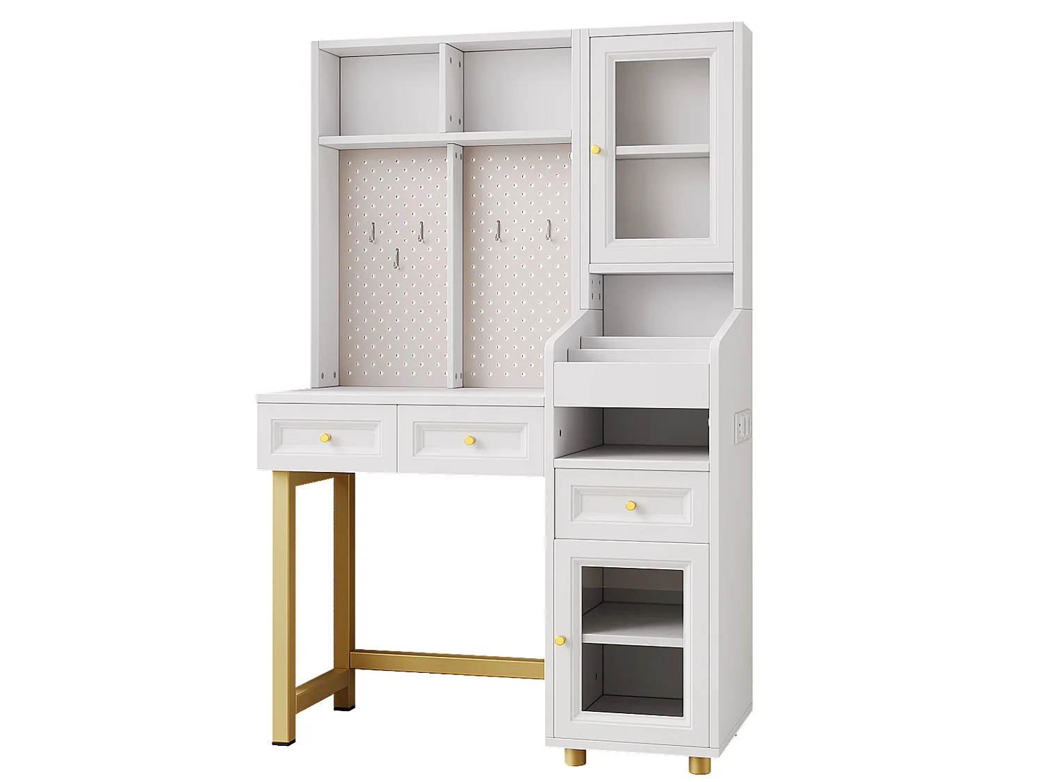 Witte en gouden LED-kaptafel met open planken, 3 lades en 2 deuren