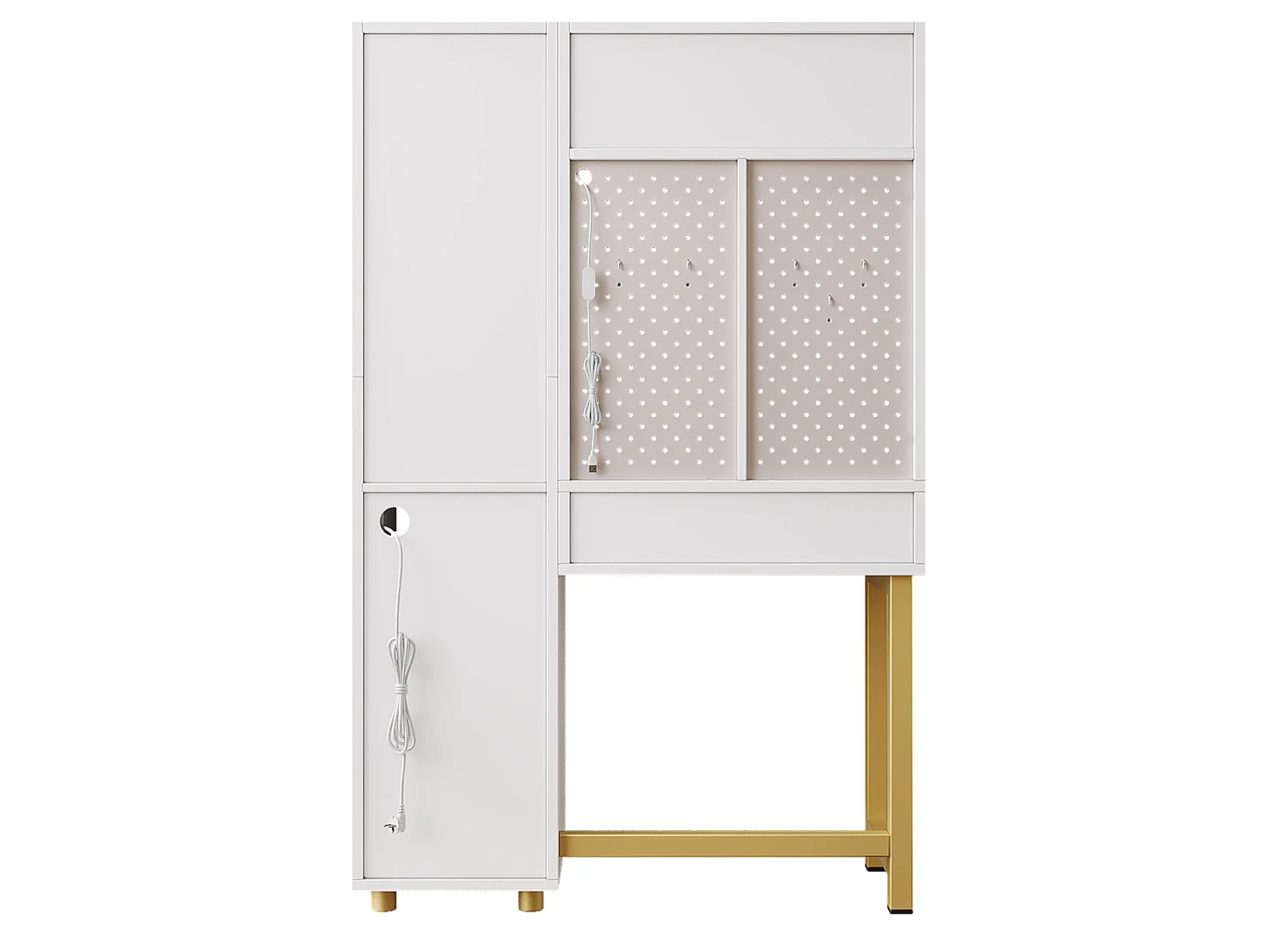 Witte en gouden LED-kaptafel met open planken, 3 lades en 2 deuren