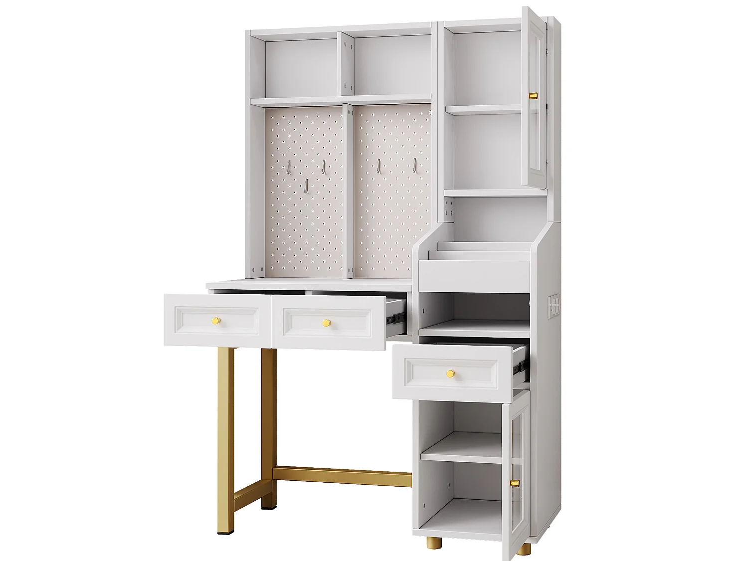 Witte en gouden LED-kaptafel met open planken, 3 lades en 2 deuren