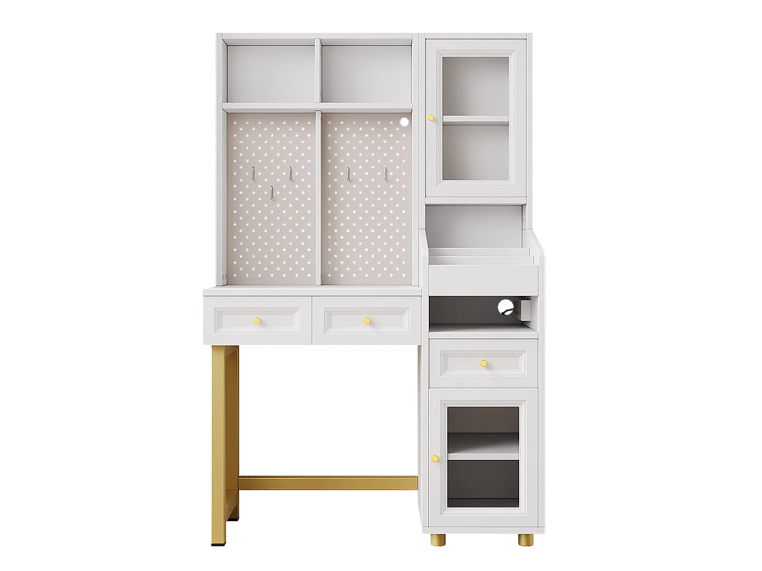 Witte en gouden LED-kaptafel met open planken, 3 lades en 2 deuren