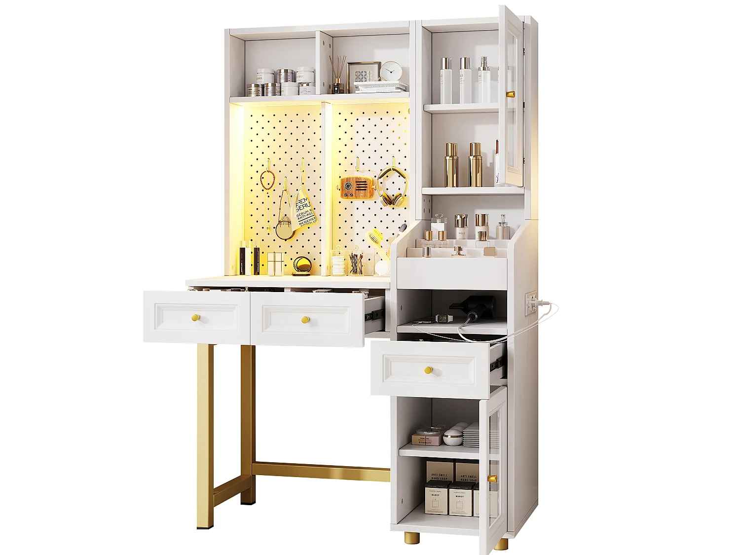Witte en gouden LED-kaptafel met open planken, 3 lades en 2 deuren