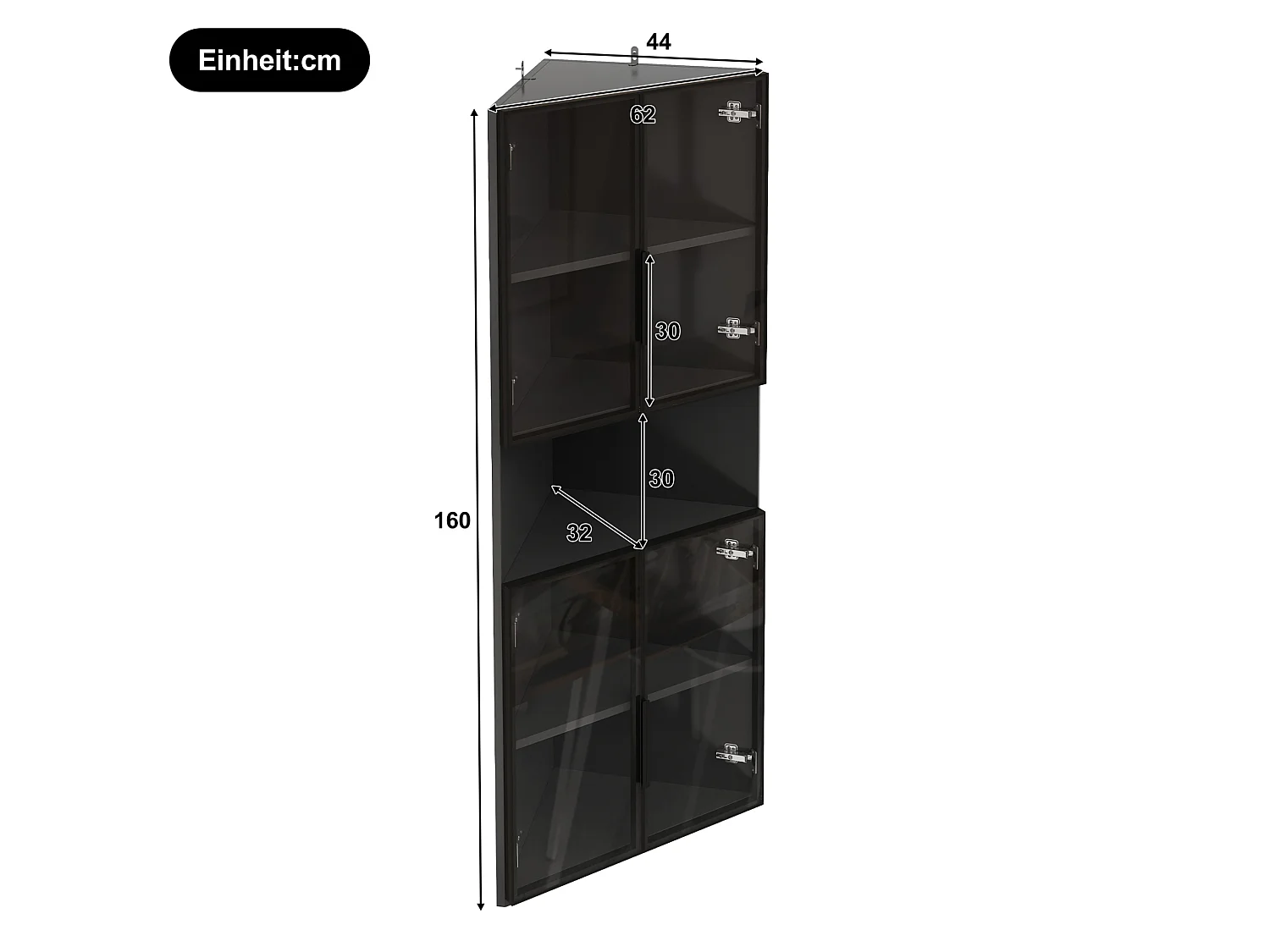 Vitrine d'angle triangulaire 62 x 32 x 160 cm avec LED et portes en verre - Noir
